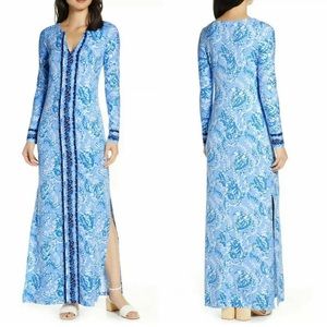 Lilly Pulitzer UPF 50+ FAYE MAXI DRESS Blue Peri Turtle Awesome White Sz S